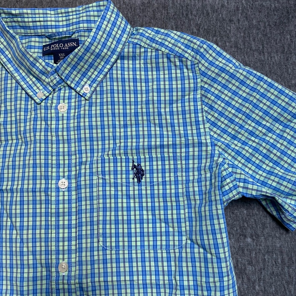 US Polo Assn Boys XXL 18 Stretch Plaid Shirt Mint Tea Blue Green Short Sleeve